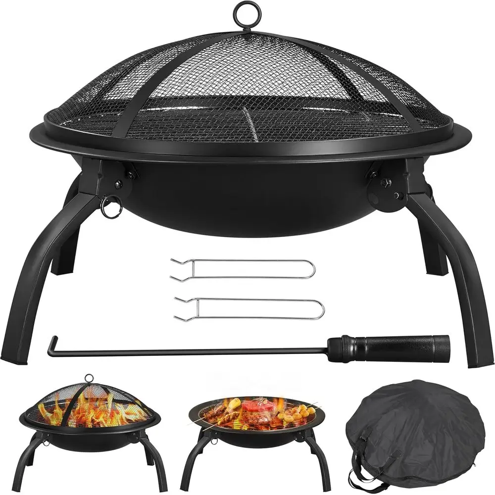 Pit 22in Old BBQ Grill with Cooking Grate and Poker for Outdoor Camping & Bonfire