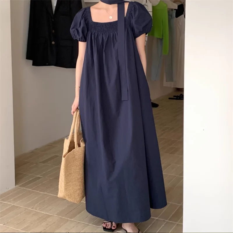 Púrpura amarillo azul marino estilo Simple moda vacaciones vestido largo suelto vacaciones de verano cuello barco elegante manga corta Puff vestido Casual