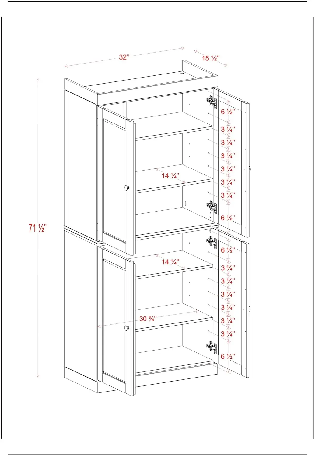 Solid Wood Tall Bathroom Cabinet 4 Shaker Doors Adjustable Shelves 71.5
