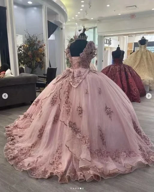 Dust Pink Quinceanera gaun berkilau payet bola gaun Tulle applique manik-manik manis 16 Gaun 15 Anos kontes anak perempuan