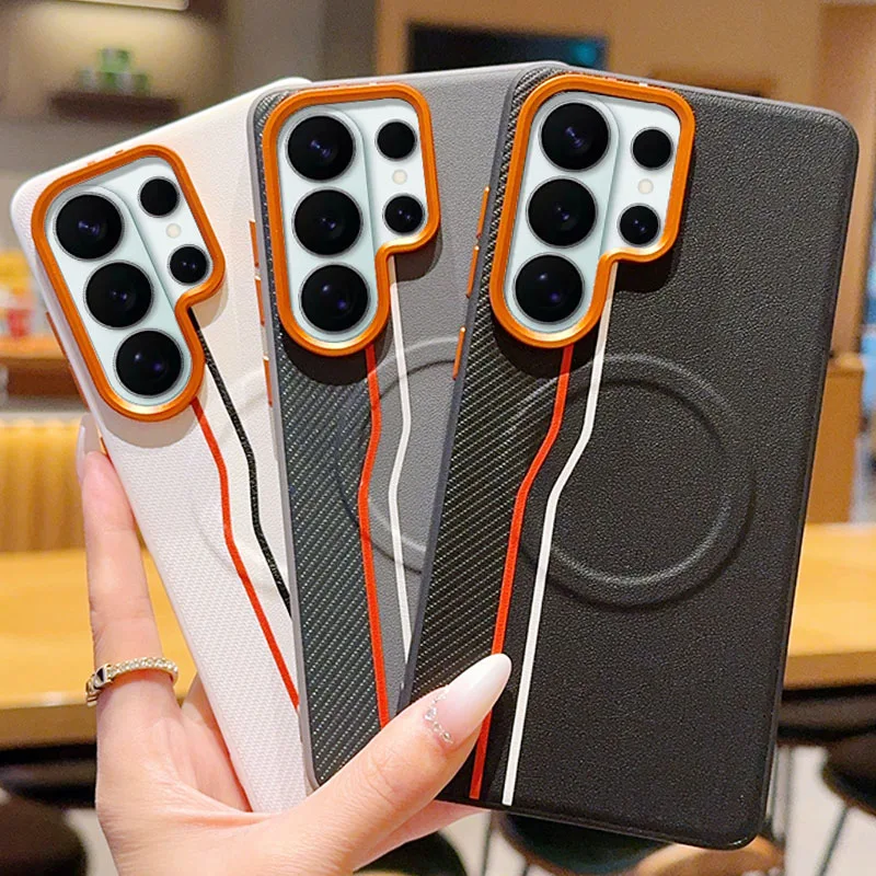 Magnetic Hard Case etui For Samsung Galaxy S24 S25 S26 Plus Ultra Edge Leather Skin Cover With Carbon Fiber Texture