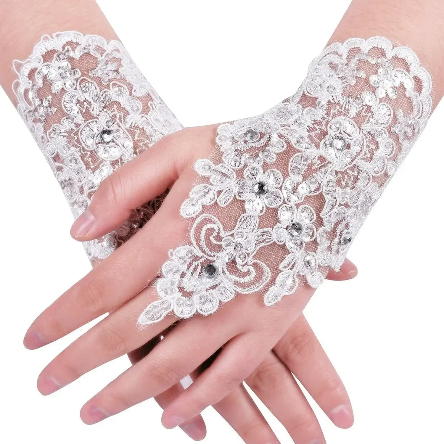 Lace Fingerless Rhinestone Bridal Gloves for Wedding Party 2022