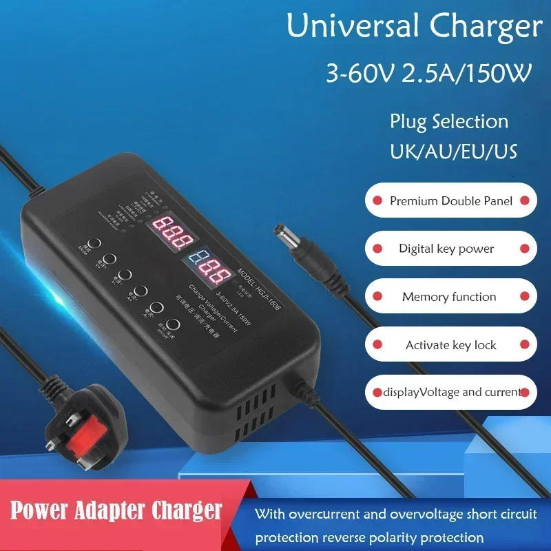 

Adjustable Power Adapter Charger 3V-60V 150W With Display Screen Chargers 2.8V 14V 28V 36V 48V 56V 60V Li-ion battery Chargeres