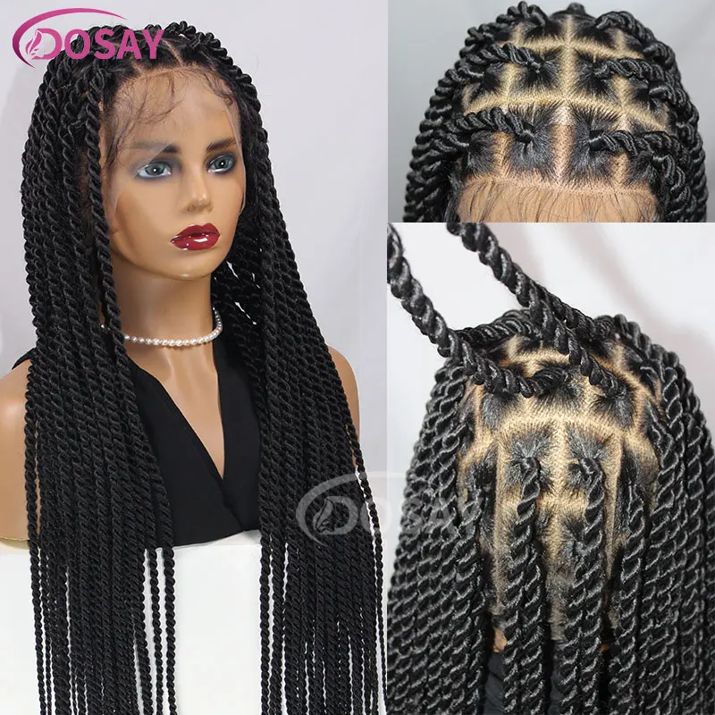 Peruca Sintética Full Lace Twist Tranças, 36 ", Quadrado Knotless, Tranças Box com Cabelo de Bebê, Perucas Trançadas Senegalesas