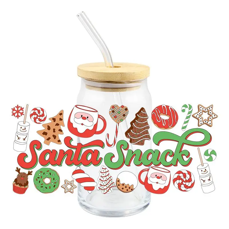 Christmas 3D UV DTF Transfer Wraps Stickers Santa Claus Snowman Design DTF Wraps For Cup Coffee Glasses Brand Logo Custom