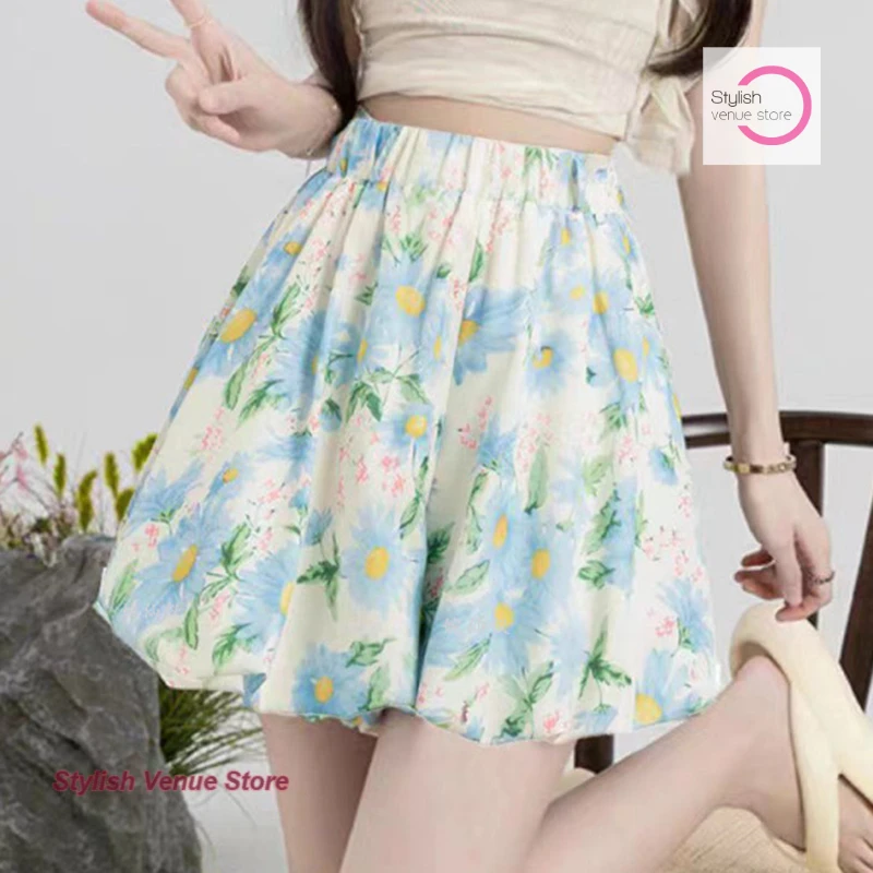 

Summer design floral shorts women's high waist slim sense Mori women's new Chinese flower bud printed wide-leg culottes.