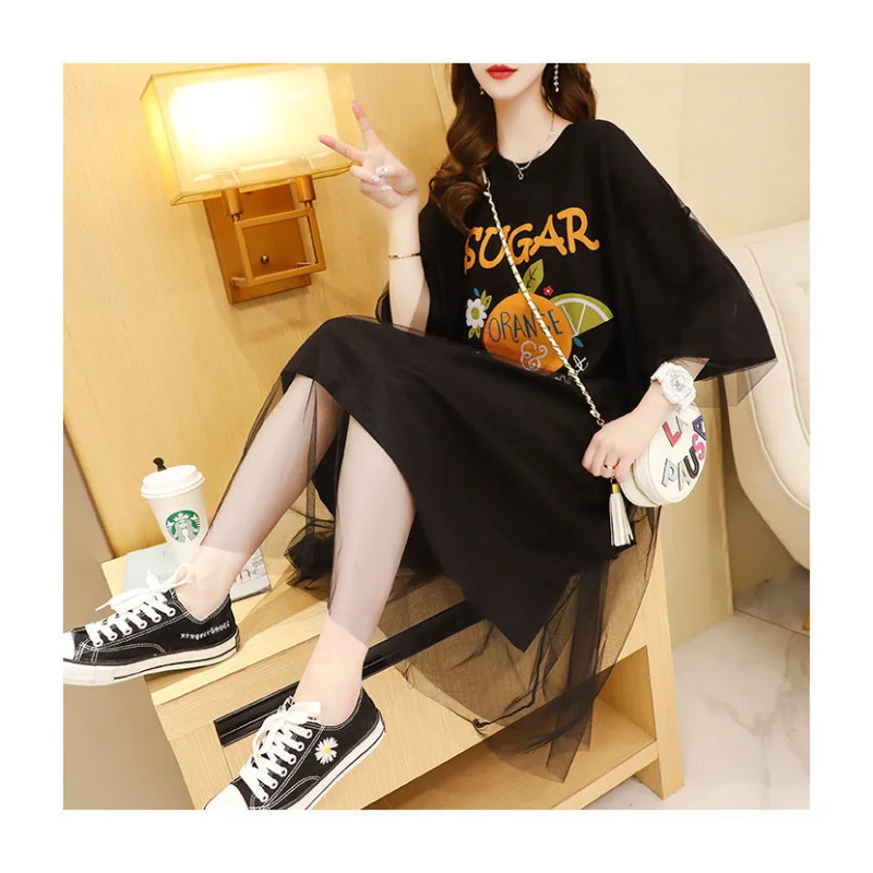 Mesh Splicing Fake Tweedelige T-shirt Rok Zomer Nieuwe Dames Halflange Losse Jurk Ins