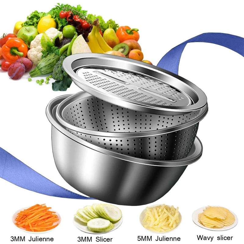 

Multifunctional Stainless Steel Drain Basket Vegetable Cutter 3 in 1 Vegetable Slicer Graters Julienne Salad Bowl Strainer YY006