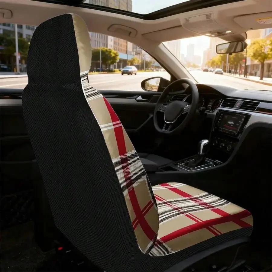 

Universal Car Seat Cover Beige Red Plaid Pattern Soft Fabric Easy Install For Most Cars SUVs