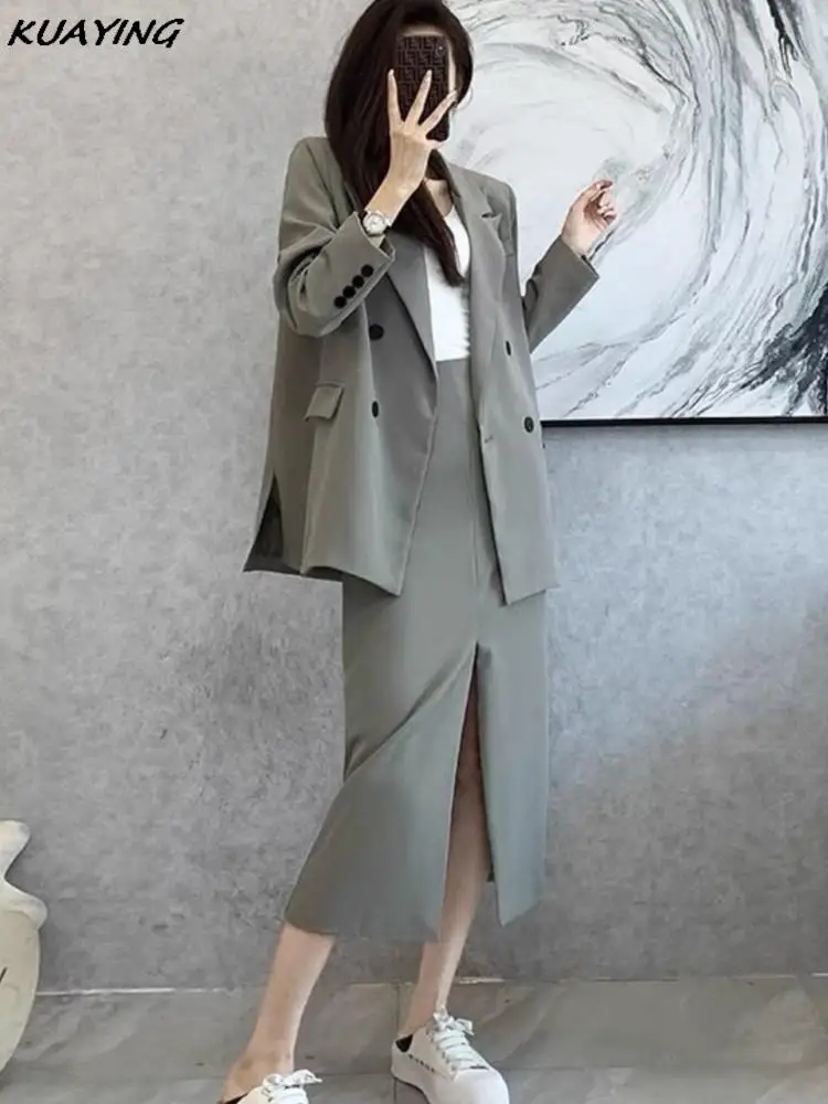 Retro Temperament Blazer Skirt Suits Autumn New Fashion Long Sleeve Office Ladies Outfits Women\'s Chic Clothing Two Piece Sets