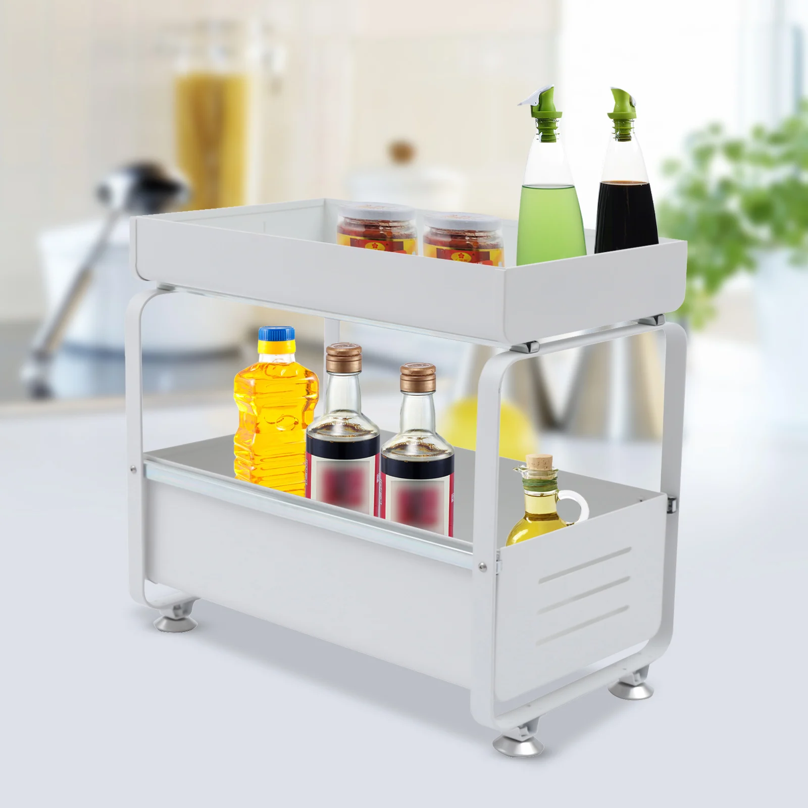 

2-Tier Under-Sink Kitchen Cabinet Organizer with Sliding Storage Drawer,White