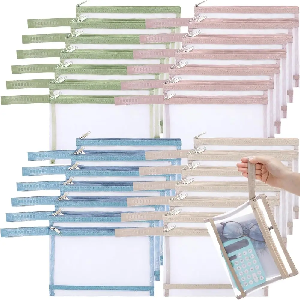 

24 Pack Double Layer Mesh Zipper Pouch Bags 9.5 x 7.1 Inch/ A5 Large Capacity Zipper Mesh Bags for Organizing Storage Colore