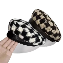 Siatka Beret kapelusz moda zima jesień dla kobiety Retro berety dziewczyna w kratę czapka malarza regulowany berety rekreacyjne kapelusz