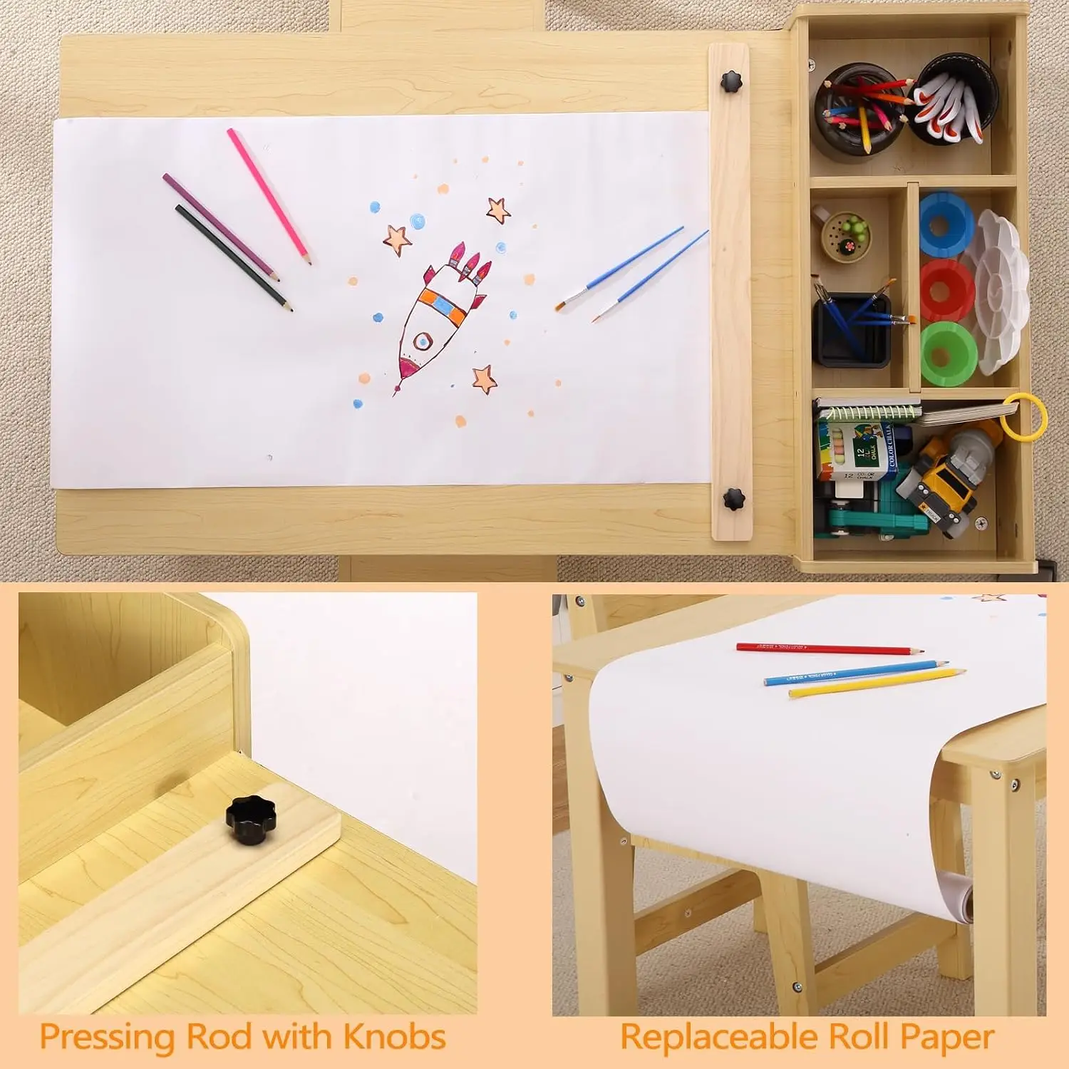 Kids Art Table & Chair Set Wooden Activity Desk Storage Shelves Drawing Classroom Daycare Home, Customized