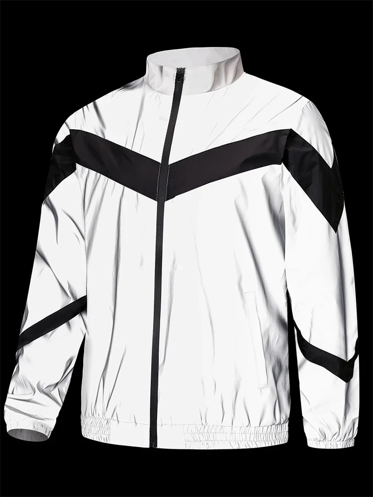 Chaqueta reflectante de noche para hombre, abrigos informales empalmados con cuello levantado a la moda, ropa de calle gris para baile Hip-hop a la moda para primavera y otoño