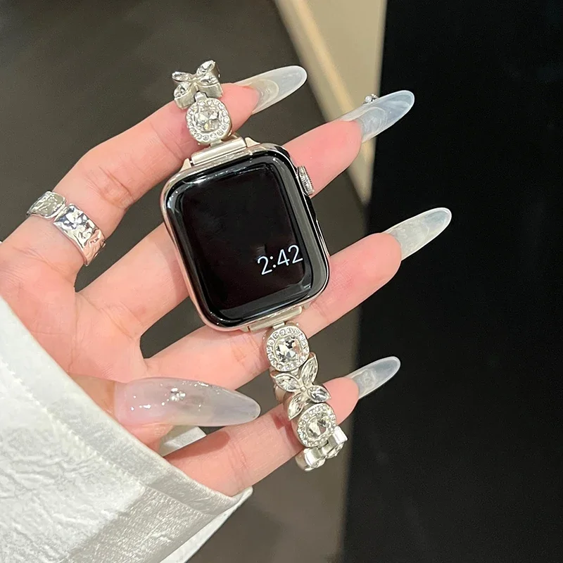 Bling Diamond Zircon Strap para Apple Watch, Pulseira de aço inoxidável para senhoras, IWatch 9, 8, 7, SE, 6, 5, 4, 44mm, 40mm, 42, 45, 41, 49