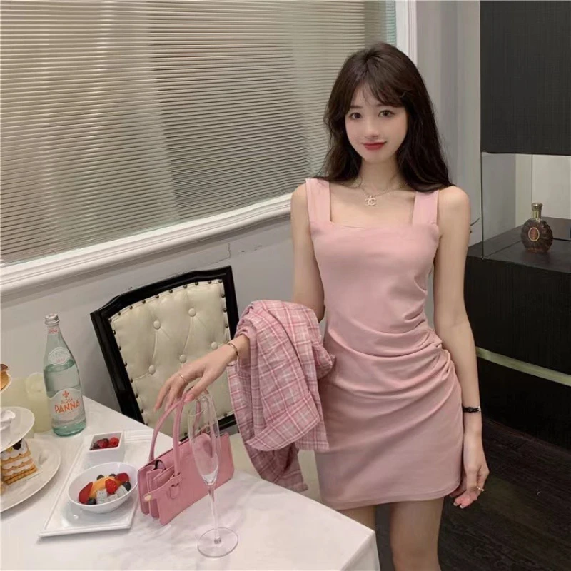 2023 Summer Fashion Wear a Full Set of Pink Plaid Shirt Women's Suspender Dress Sweet Spicy Women's Two-piece Fashion Style