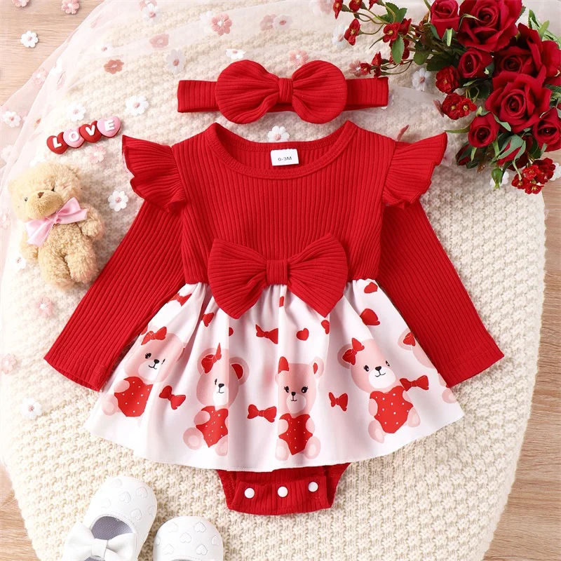 

Sweety Baby Girl Valentine's Day Outfits Long Sleeve Bear Print Romper Dress with Headband Set Infant Baby Bodysuits Clothes