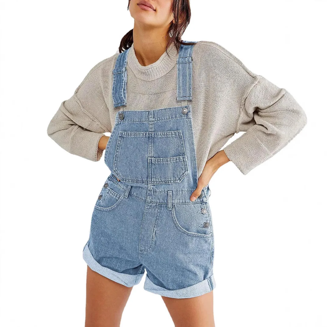 

2025Women's Summer Fashion Denim Overalls Jumpsuit,Solid Color Loose CommuterMulti-pocket Cuffed DenimShorts Jumpsuit Suspenders