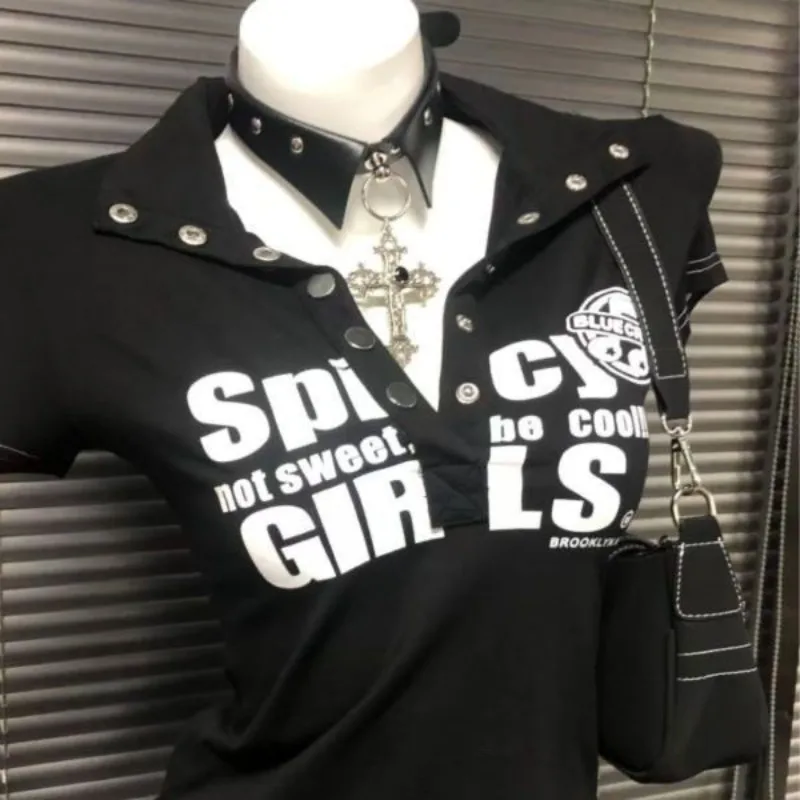 Deeptown Black Letter Print Rivet Women T-Shirts Y2k Punk Japanese Fashion Short Sleeve Tees Slim Retro 2000s Gyaru Streetwear