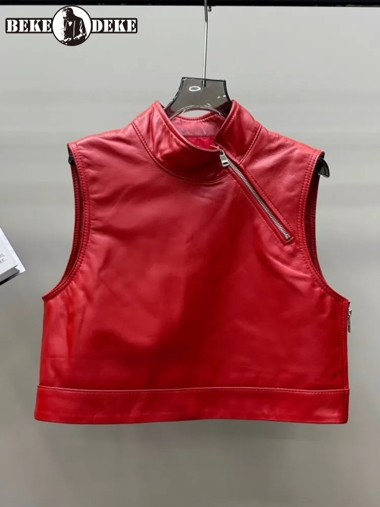

Women Genuine Leather Vest Harajuku Stand Collar Sleeveless Pullover Jacket Solid Color Zipper Lady Casual Waistcoat Streetwear