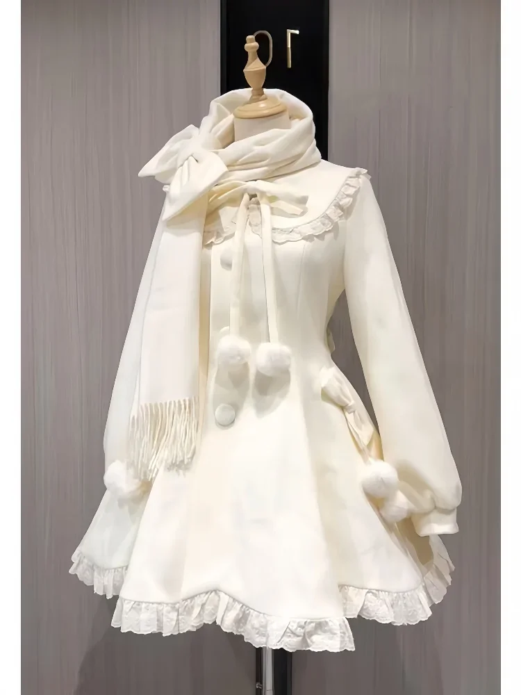 

Japan Sweet Soft Girl Lolita Splicing Doll Collar Lace-Up Bow Single-Breasted Slim A-Line Long Coat Women Winter Woolen Coats