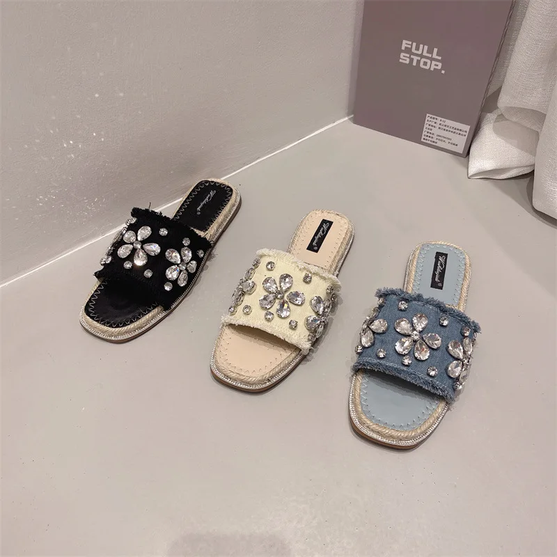 Grass Woven Rhinestone Sandals for Women To Wear On The Outside One Line Slippe, Sweet and Elegant, Soft Soled Casual Sandals