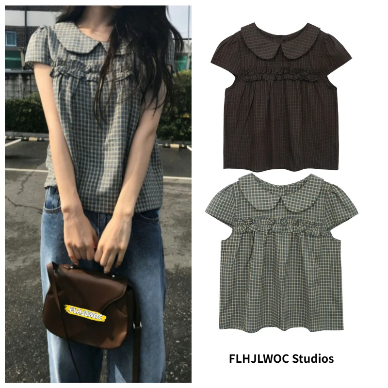 

Lolita Style Short Cotton Blends Tops Blouses Cute Sweet Girls Summer Casual Retro Vintage Peter Pan Collar Top Plaid Shirts