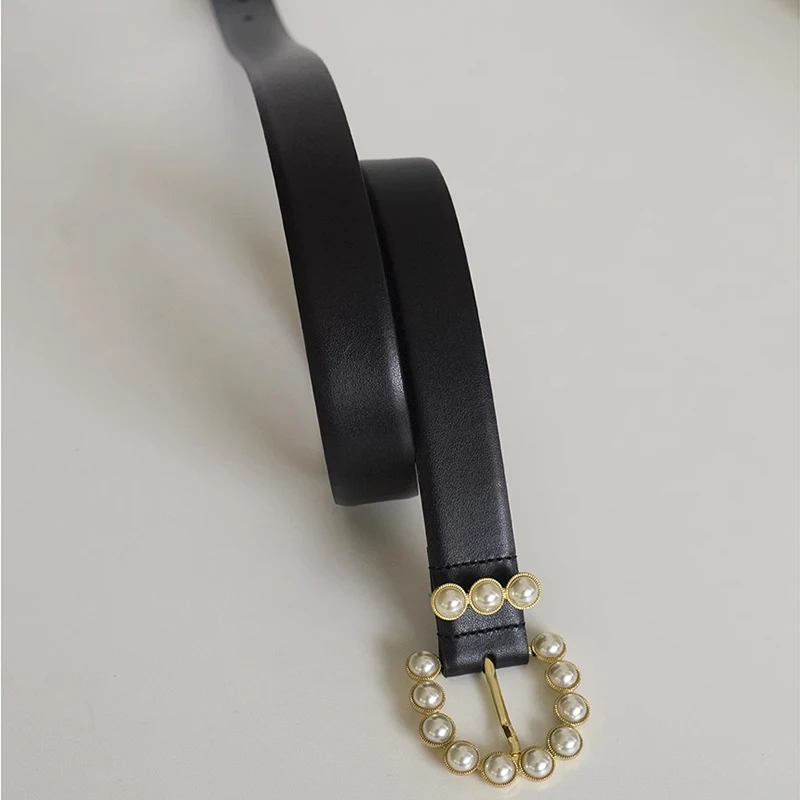 3.0 cowhide exquisite copper buckle pearl buckle belt Korean version of everything strap exquisite leather needle buckle women's