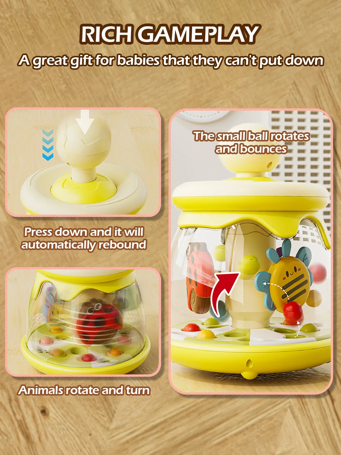 Jouets éducatifs à presser pour enfants de 6 mois et plus, rotatifs avec insectes et boules, coordination des mains, cadeau de noël apaisant, 1 pièce