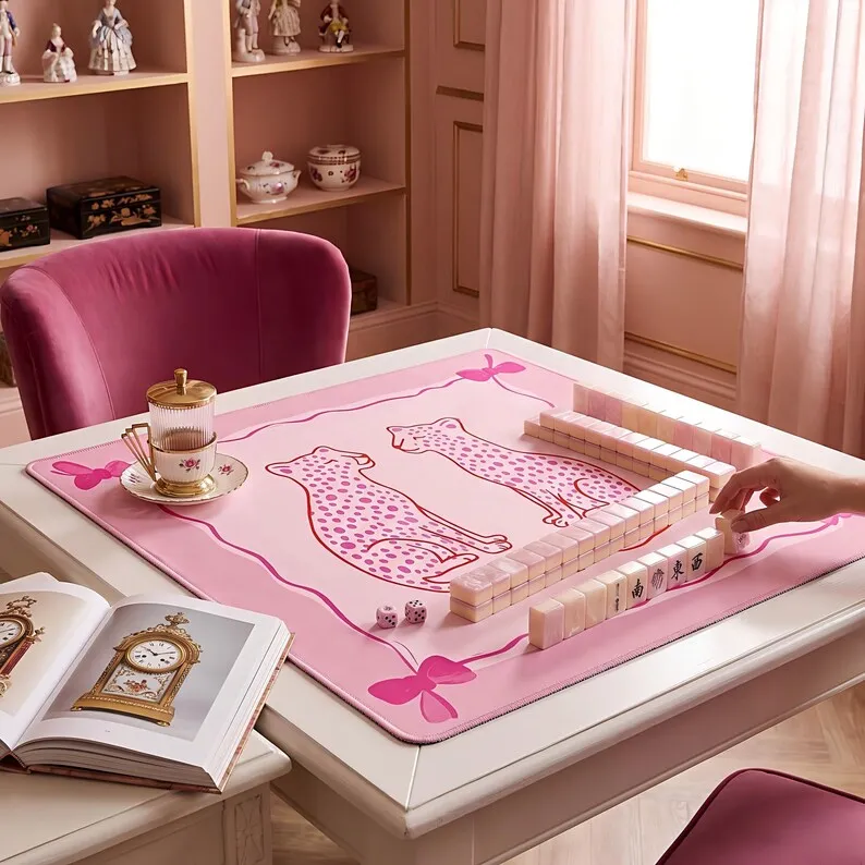 Pink Leopard Girly Mahjong Table Mat Non Slip Washable Cute Soft Pad Shock Absorbing For Ladies American Mahjong Indoor Play
