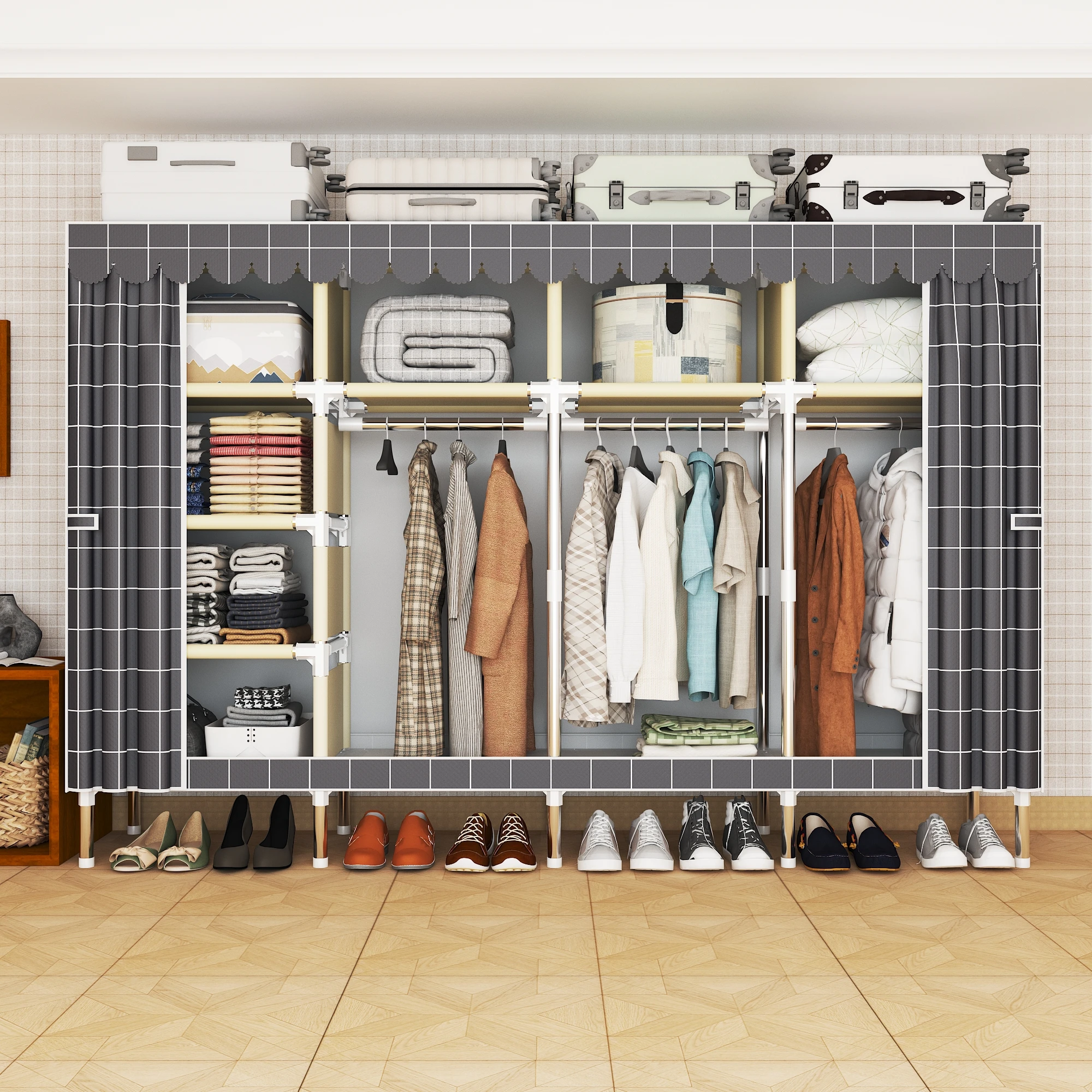 Portable Freestanding Wardrobe - 3 Hanging Areas & 7 Storage Zones, Ideal for Bedroom, Dorm & Small Space
