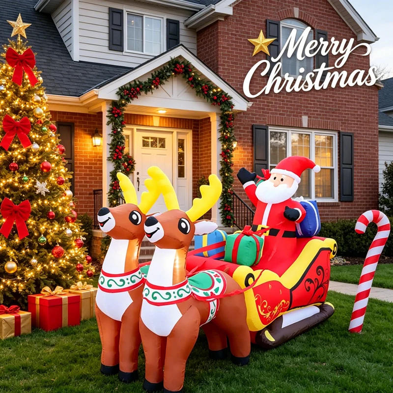 2.1m Long Christmas Decoration Inflatable Santa Reindeer Sled Built-in LED Lights Ornament Xmas Party New Year Garden Decor