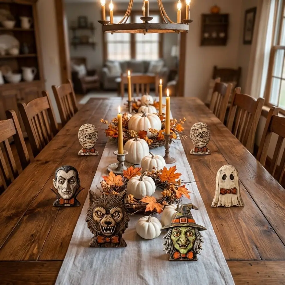 Rustic Style Wooden Halloween Ornaments Wolf Spooky Witch Statue Decoration Gothic 2D Printed Desktop Decorations Halloween