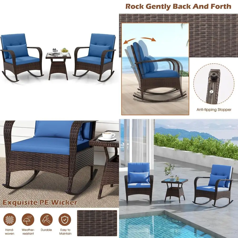 

Комплект мебели для патио из 3 предметов с плетеными креслами-качалками, подушками, подушками и журнальным столиком со стеклянной столешницей