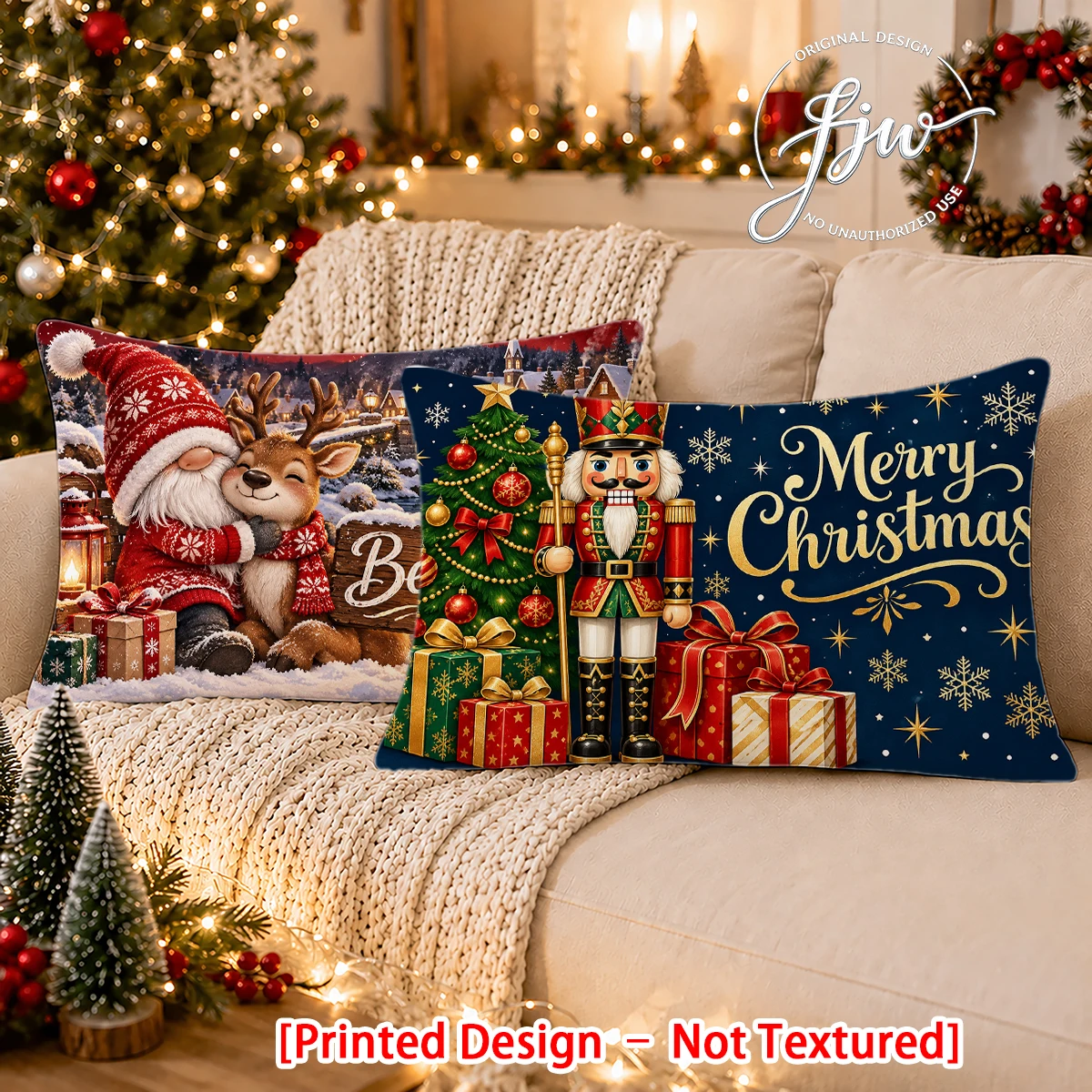 2pc Christmas Decorative Throw Pillow Covers Set of 2, Nutcracker Gnome Reindeer Winter Holiday Cushion Cases for Sofa Couch Bed
