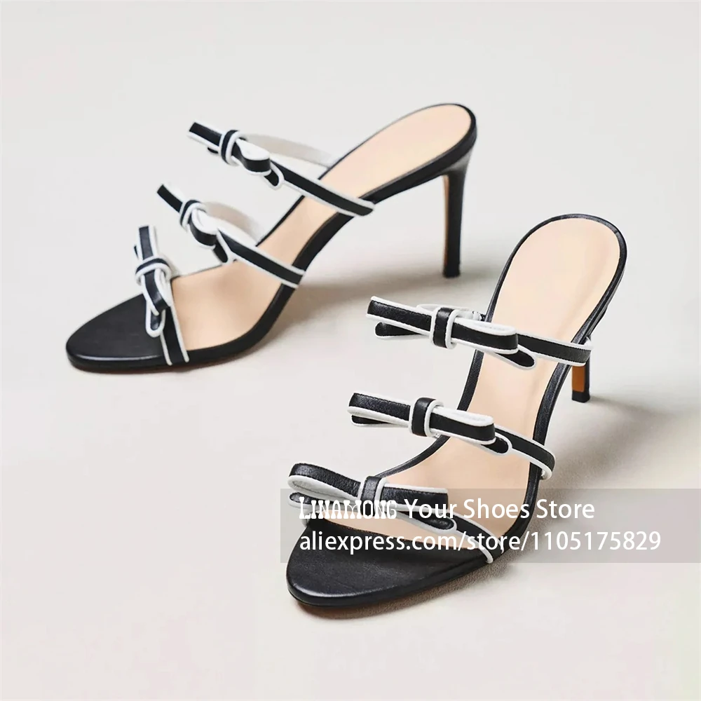 Triple Bow Strappy Stiletto Slippers Open Toe High Heel Mule Sandals Sweet Style Handmade Women Shoes Custom Multicolor Footwear