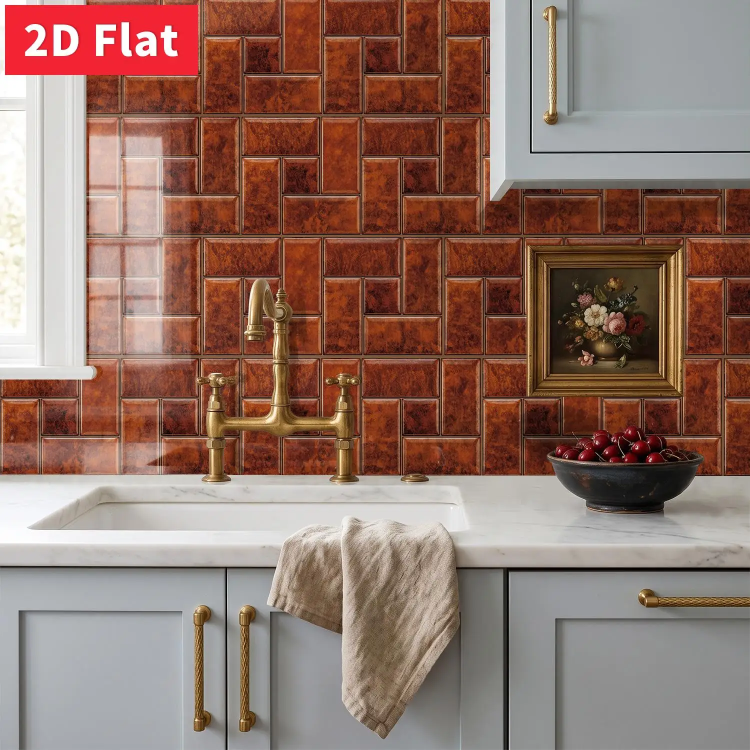 Antique Rust Brown Square Tile Sticker 11.81x5.91 inch Peel Stick Waterproof Crystal Film Wall Decal