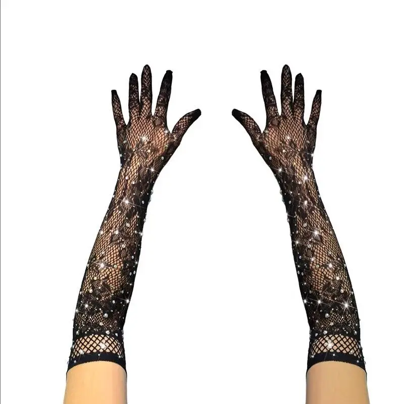 Full Finger Gloves Women Rhinestone Fishnet Lace Mesh Stretchy Sparkling Club Sexy Party Stage Performance Adult Black Thin Fun