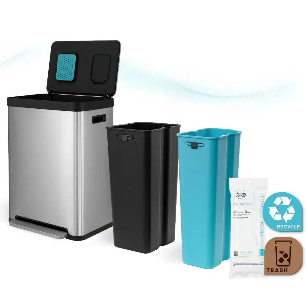 Kitchen Trash Can, Dual Removable Liners for Recycling and Trash, CleanAura Odor Control