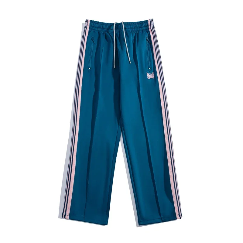 

Arrival Classic Blue Trousers Butterfly Embroidery Webbing Track Stripe Pants Zipper Men Women 1:1 Oversize Sweatpants