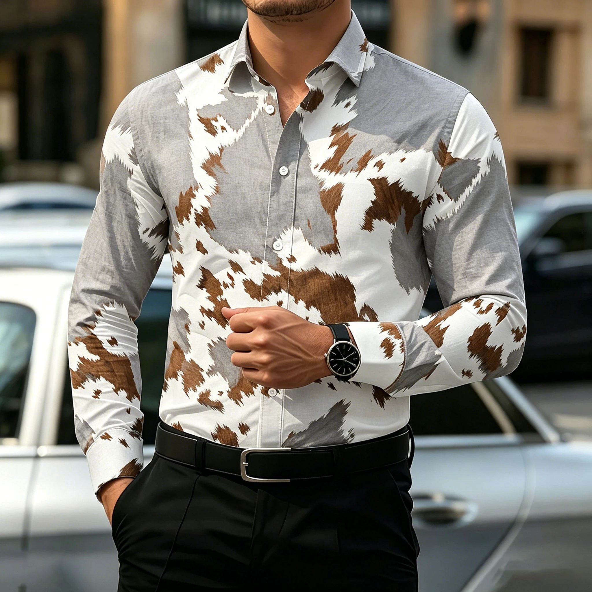 Men's Collared slim-fit long-sleeved Shirt  Cow Print Animal Print Shirt  Plus Size Western Street Style Business Cardigan top.