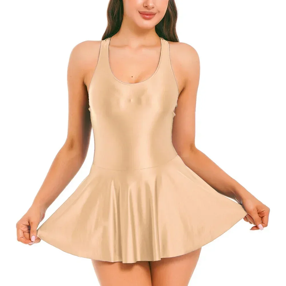 Fashion Women\'s Oil Glossy Sleeveless Tank Dresses Sports Fitness Tennis Short Dress Sexy Female Nightdress