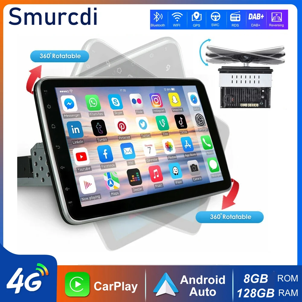Android 15 Carplay Auto Car Multimedia Player Universal 1Din 10inch Rotatable Screen GPS Bluetooth Car Stereo Radio Radio Player