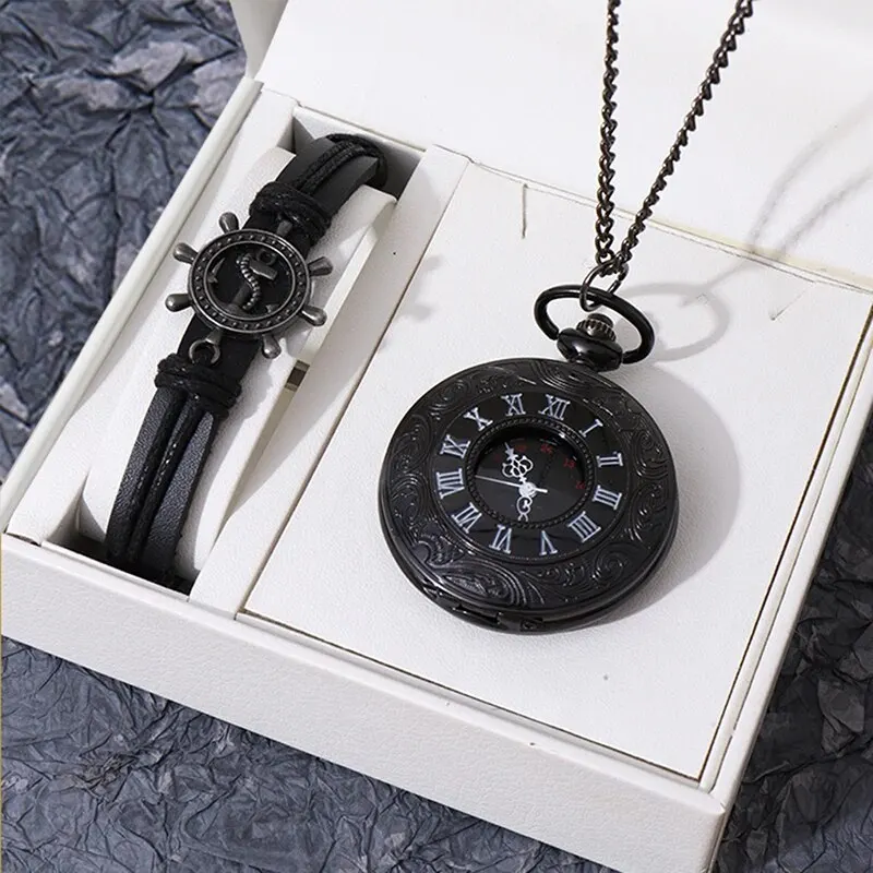 Reloj de bolsillo de cuarzo pulido de acero liso con cadena de moda de lujo, colgante para hombre, cadena de reloj, pulsera de cuero para hombre y mujer