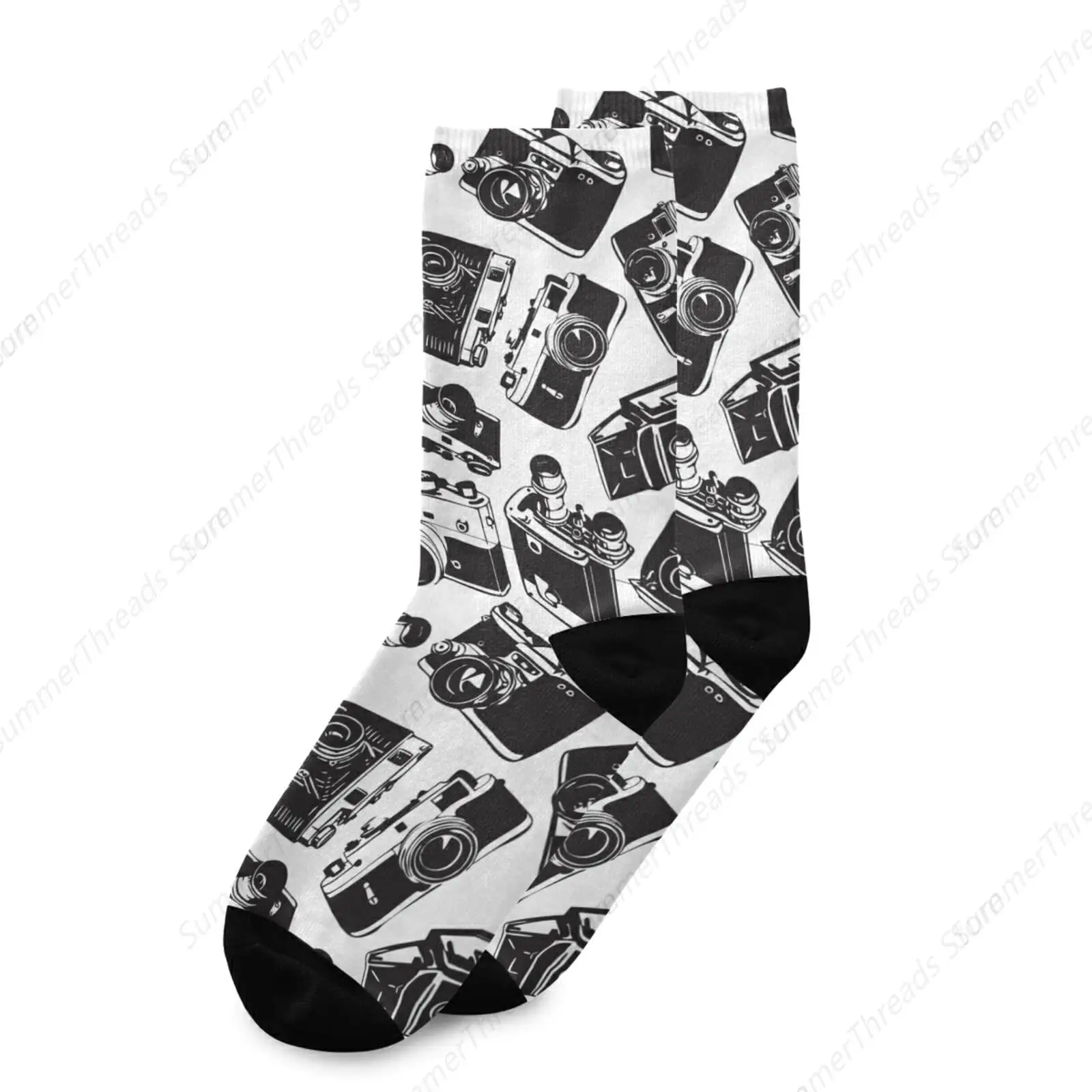 Seamless Pattern with Old Cameras Black White Vintage Retro Style Unisex Long Casual Socks Athletic Crew Socks for Women Men