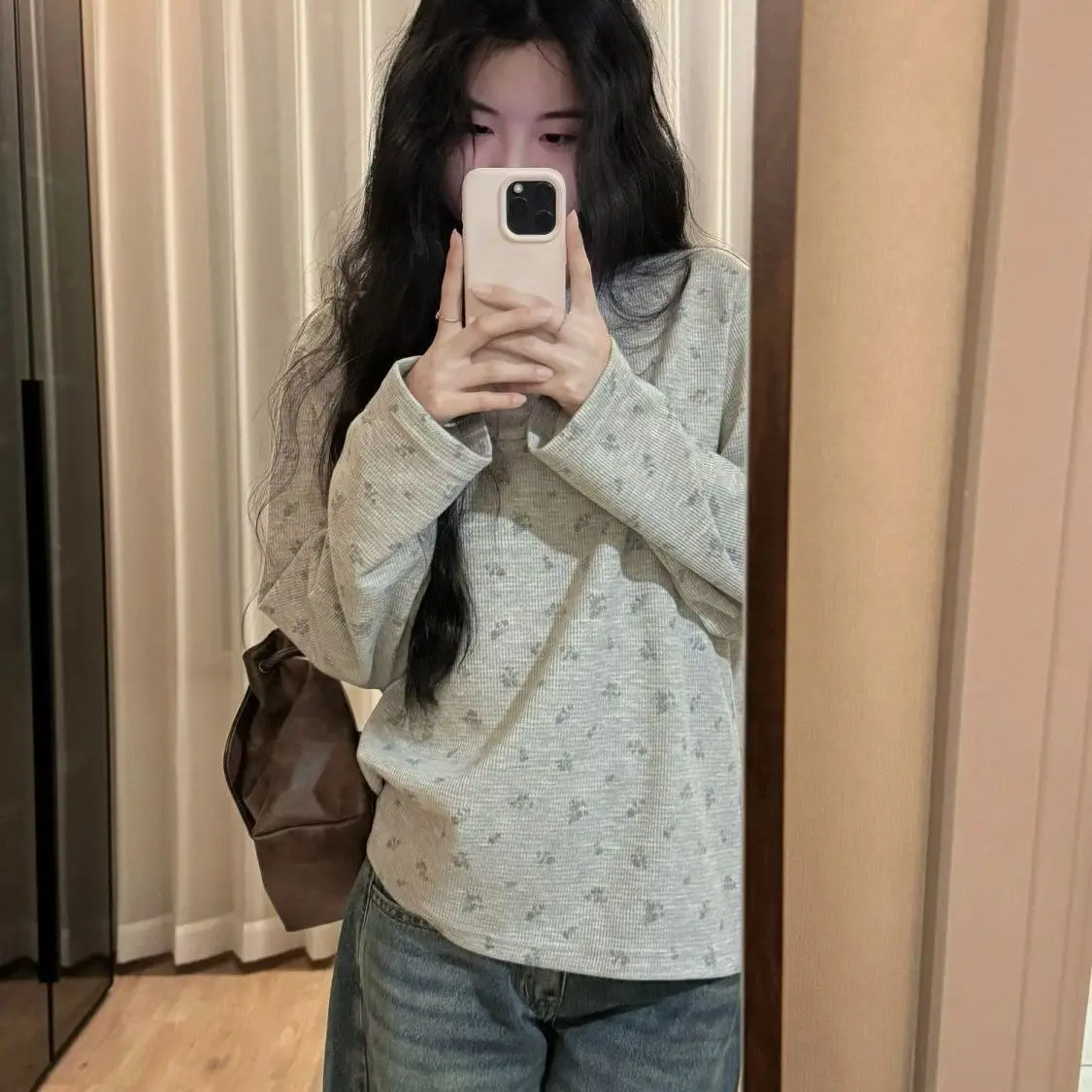 미국 Y2K 롱 슬리브 버튼 라운드 넥 티셔츠 루즈핏 가을 한국 스타일 여성용 레이지 슬리 플로럴 프린트