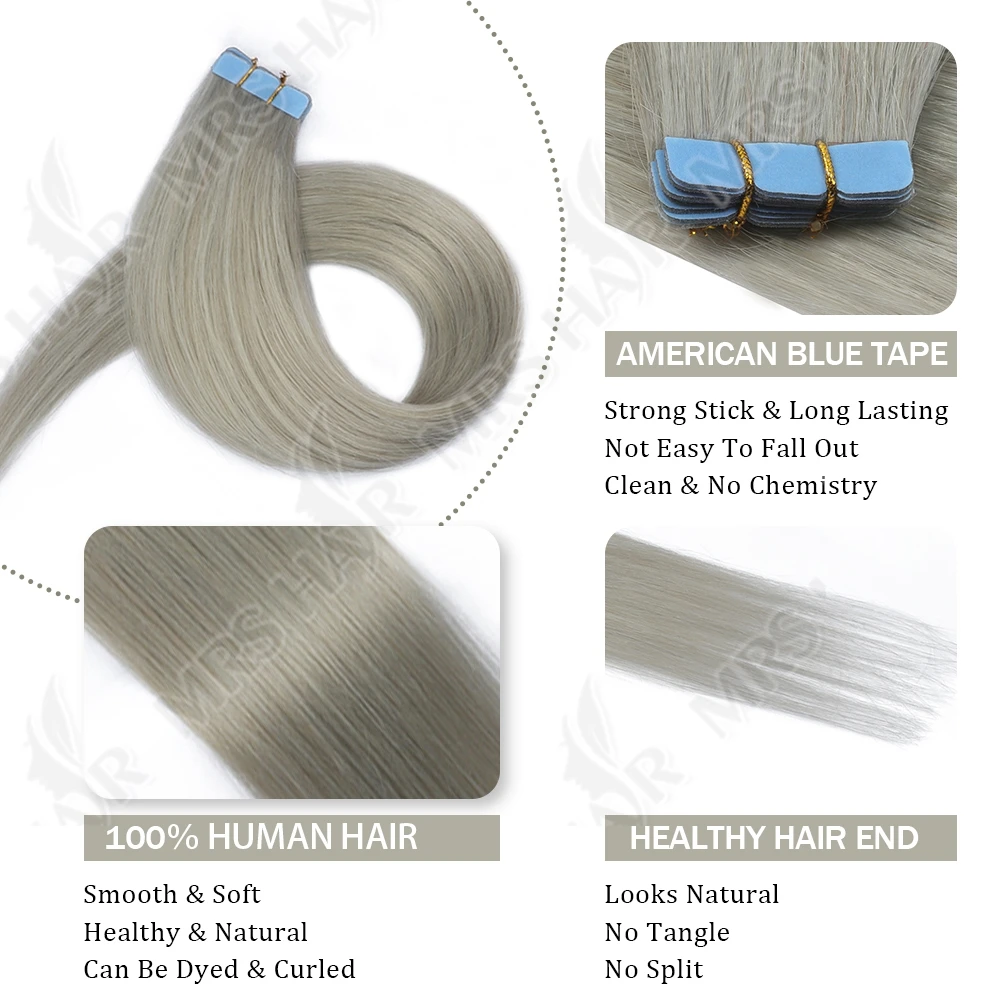 Mini fita em extensões de cabelo, máquina de trama de pele de cabelo humano-fita remy em extensões cinza 10 peças para fita lateral no cabelo 12-20 polegadas