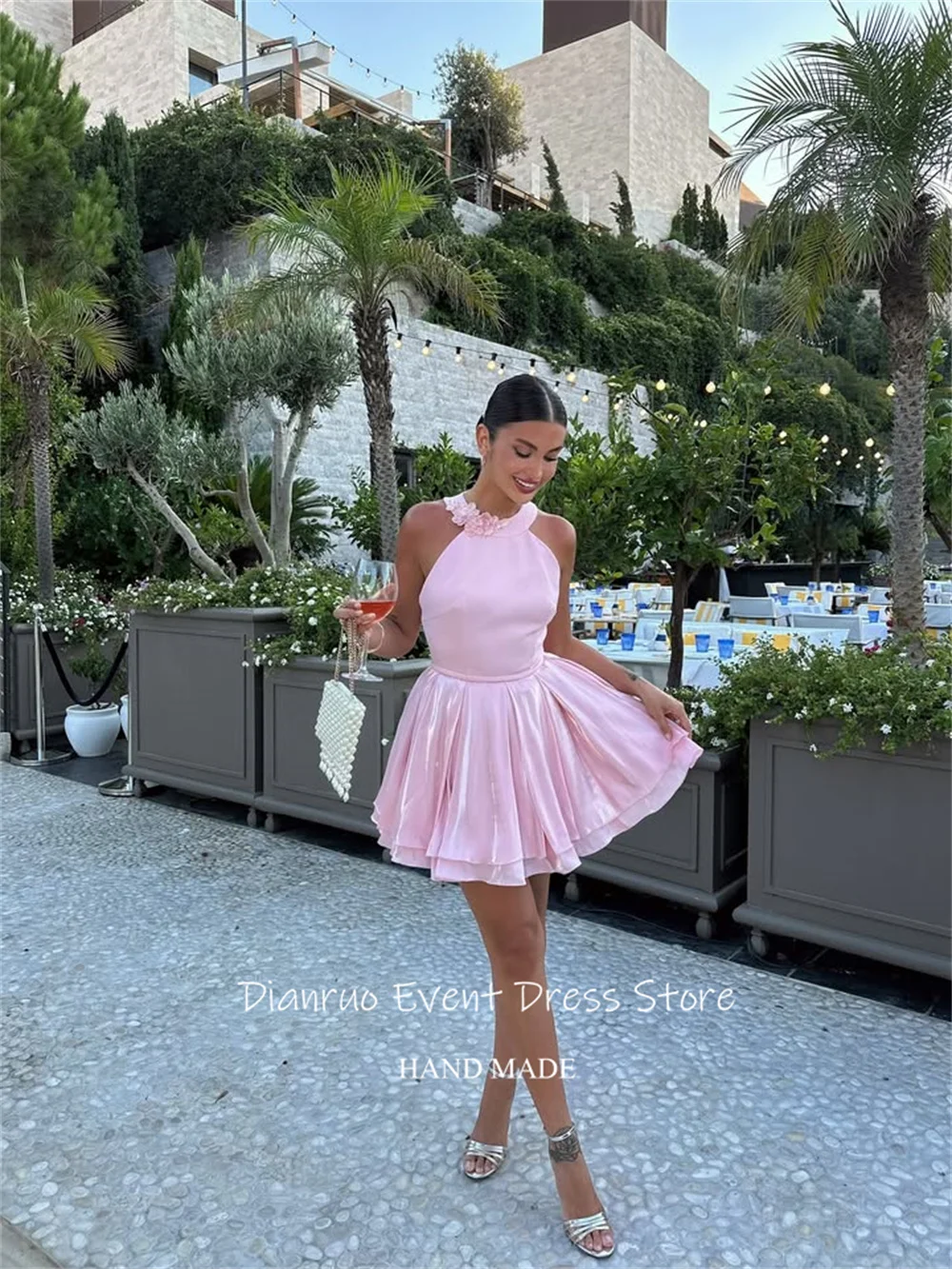 Dianruo الوردي الرسن ثلاثية الأبعاد الزهور فساتين لحضور الحفلات الموسيقية الطبقات ألف خط فستان كوكتيل قصير طول لامع فساتين العودة للوطن مخصص