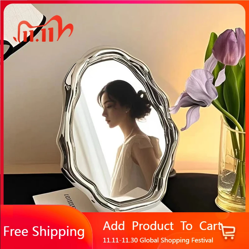 

Wavy Irregular Asymmetrical Mirror Vanity Nordic Aesthetic Oval Desk Mirror Makeup Standing Girls Espelhos Home Decorations